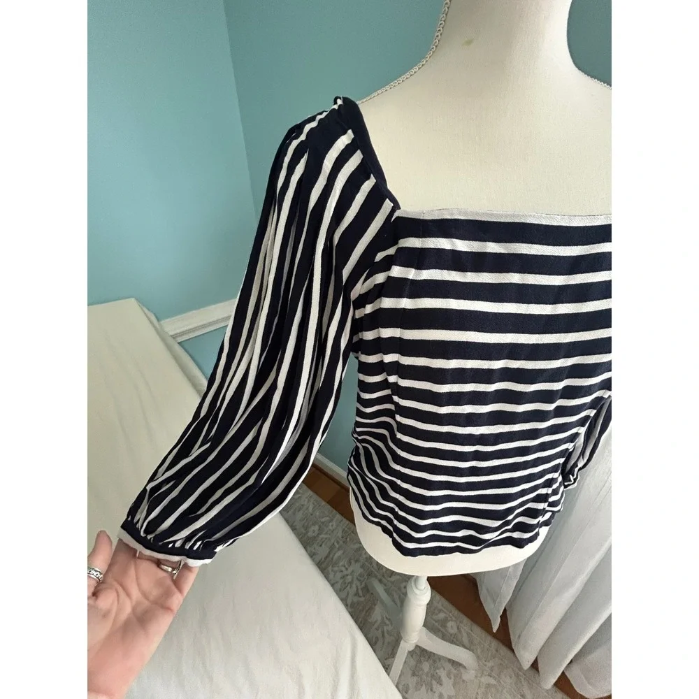 Banana Republic Women Navy White Striped Puff Sleeve Square Neck Button Back Top